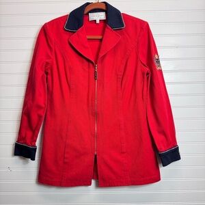 Vtg St. John Sport Red Blazer Jacket Embroidered Coat of Arms Full Zip sz P/S